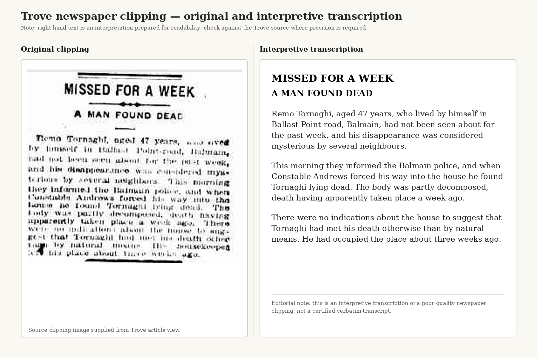 Report of the death of Tornaghi in Newspaper